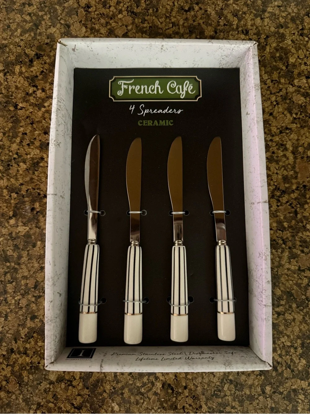 Set of 4 Dishwasher Safe Spreaders-Black & White Stripes w/Gold & Silver Accents